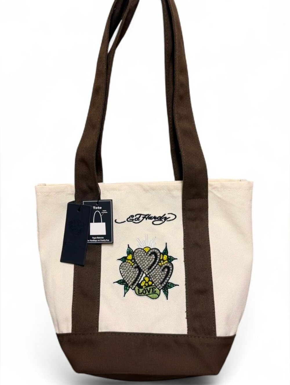 Ed Hardy Tote ~ Sparkly Hearts ~ Brown With Cream